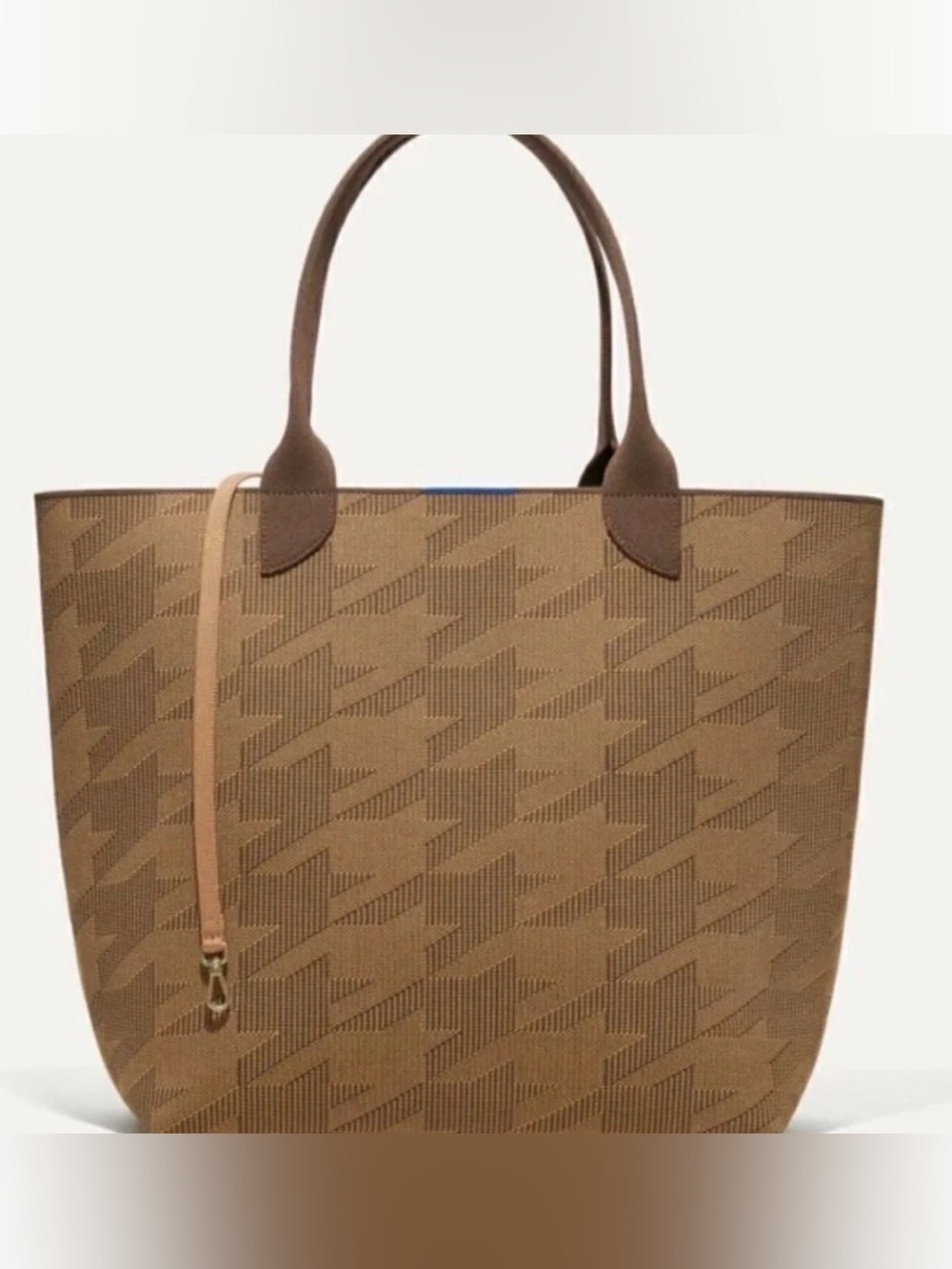 Rothy’s lightweight tote and matching pouch in “dark camel houndstooth”